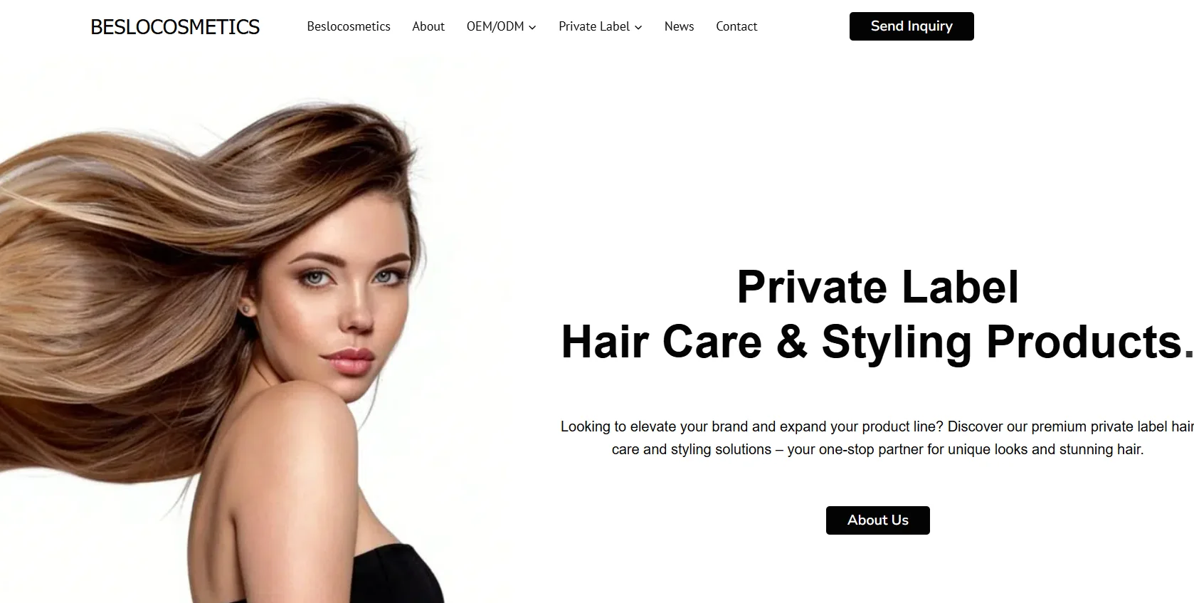 Long, flowing brown hair showcased on a promotional label for private label hair care and styling products.
